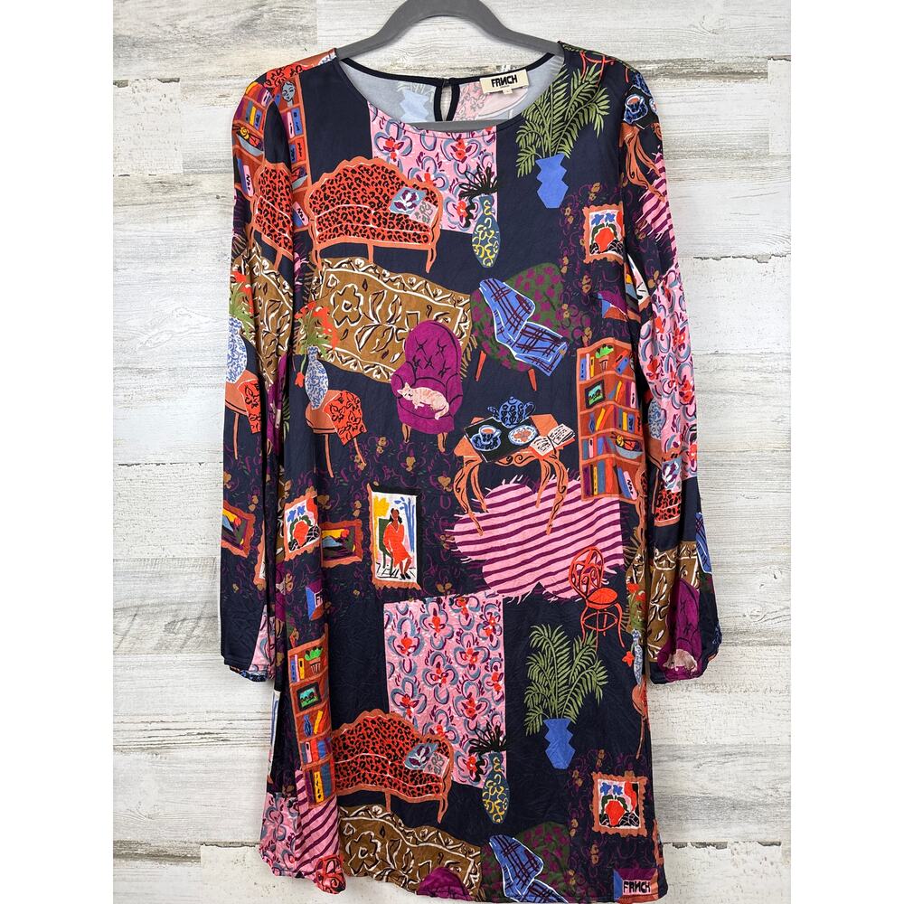FRNCH Paris Womens L Multicolor Ayurveda Long Sleeve Boho Midi Dress NEW - Picture 4 of 8